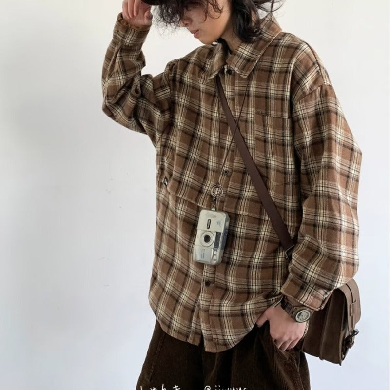 Autumn and Winter Cross-border Japanese Retro Long-sleeved Shirt Thickened Casual Couples All-match Warm Plaid Shirt Jacket