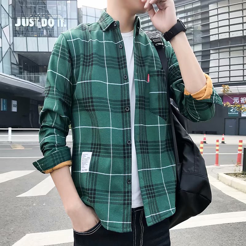 Winter Warm Shirt for Men, Fleece-Lined and Thickened, Youth Plaid Shirt, Korean Style Slim Fit Top, Trendy Brand Versatile Jacket