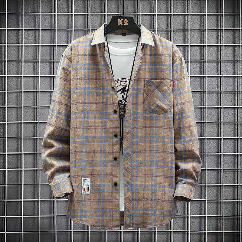 Jacket Shirt Men's Autumn Plaid Loose Trendy Brand Long-sleeved Shirt Casual Non-ironing Autumn and Winter Clothes Men's New Arrival