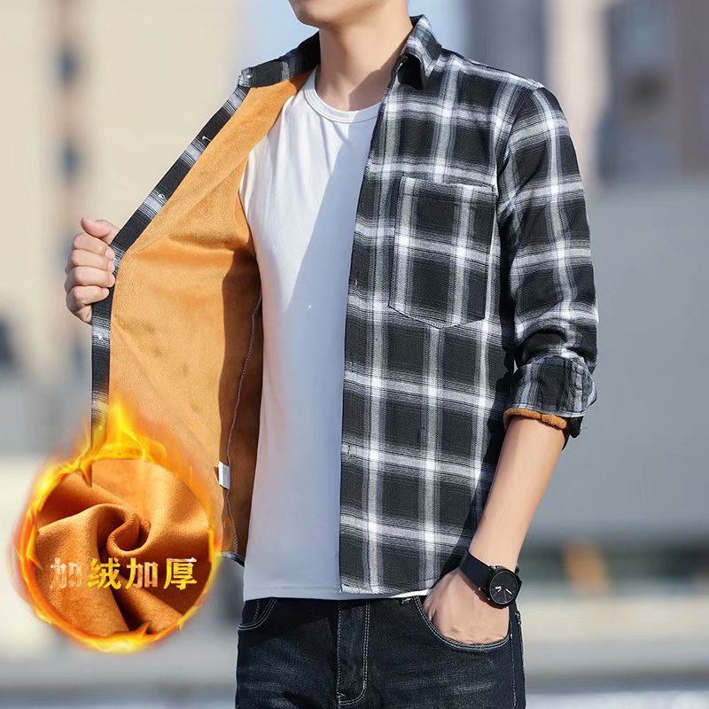 Winter Warm Shirt for Men, Fleece-Lined and Thickened, Youth Plaid Shirt, Korean Style Slim Fit Top, Trendy Brand Versatile Jacket