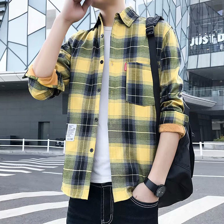 Autumn and Winter Plaid Shirt for Men, Fleece-Lined, Warm and Thickened, Korean-Style Slim-Fit Shirt, Trendy and Stylish Jacket