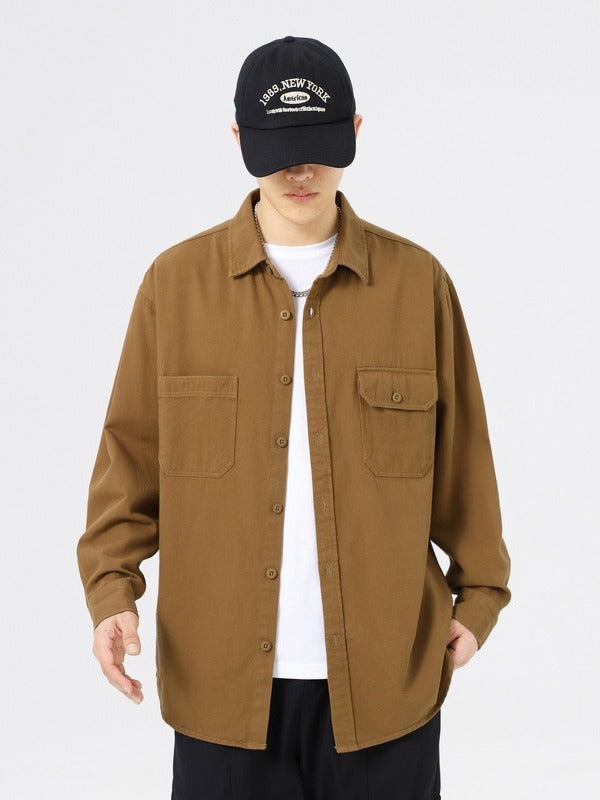 Foreign trade Japanese autumn and winter New pure cotton washed solid color loose casual tooling long sleeve lapel men's shirt jacket