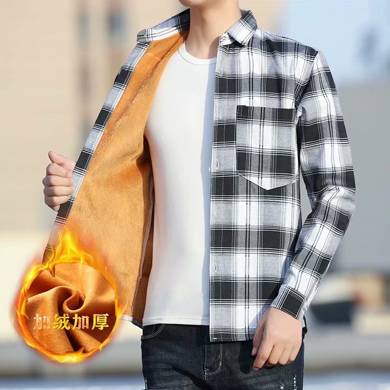 Autumn and Winter Plaid Shirt for Men, Fleece-Lined, Warm and Thickened, Korean-Style Slim-Fit Shirt, Trendy and Stylish Jacket
