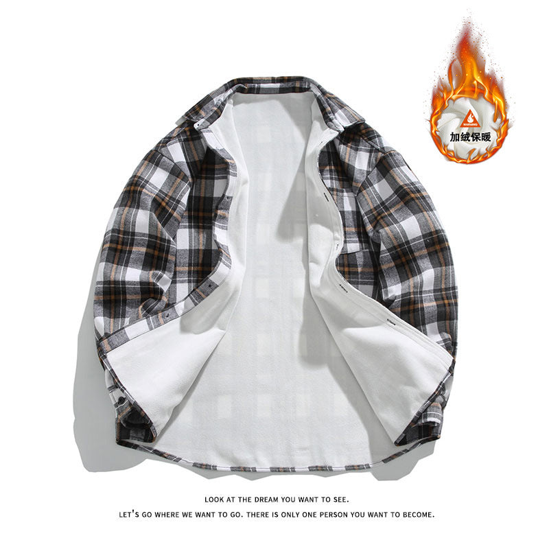 2024 Foreign Trade Autumn and Winter fleece-lined Thickened European and American Vintage Men's Plaid plus size Lapel Long Sleeve Shirt Jacket for Men