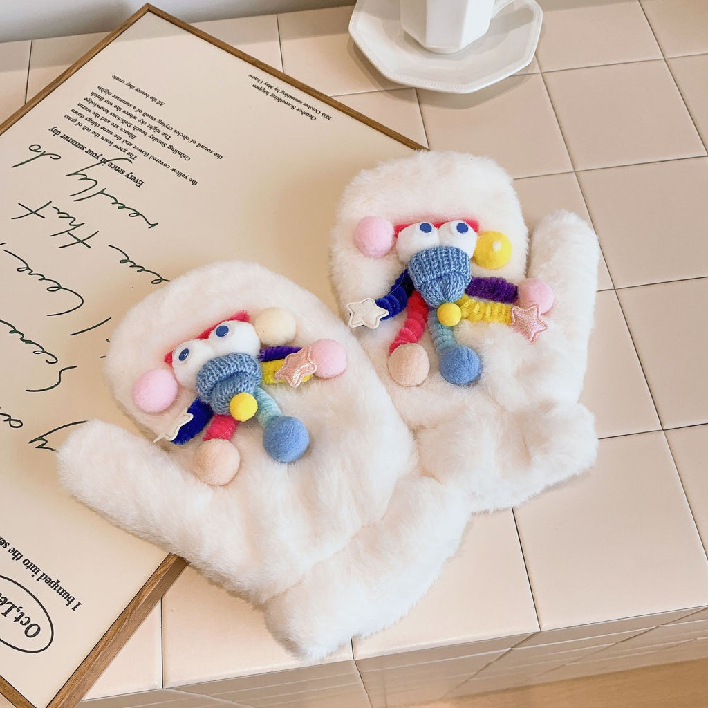 Cute and Funny Smurf Gloves for Women in Winter, Thickeneded with Velvet, Warm and Halter-Neck, Cycling and Cold-Proof for Student Couples