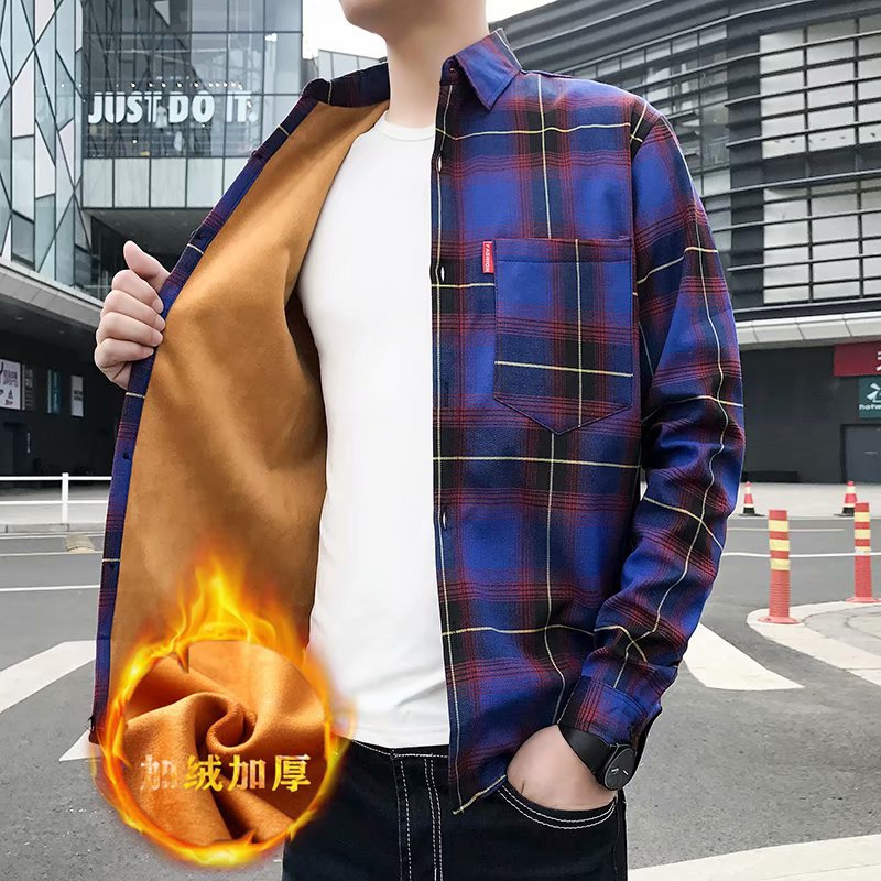 Autumn and Winter Plaid Shirt for Men, Fleece-Lined, Warm and Thickened, Korean-Style Slim-Fit Shirt, Trendy and Stylish Jacket