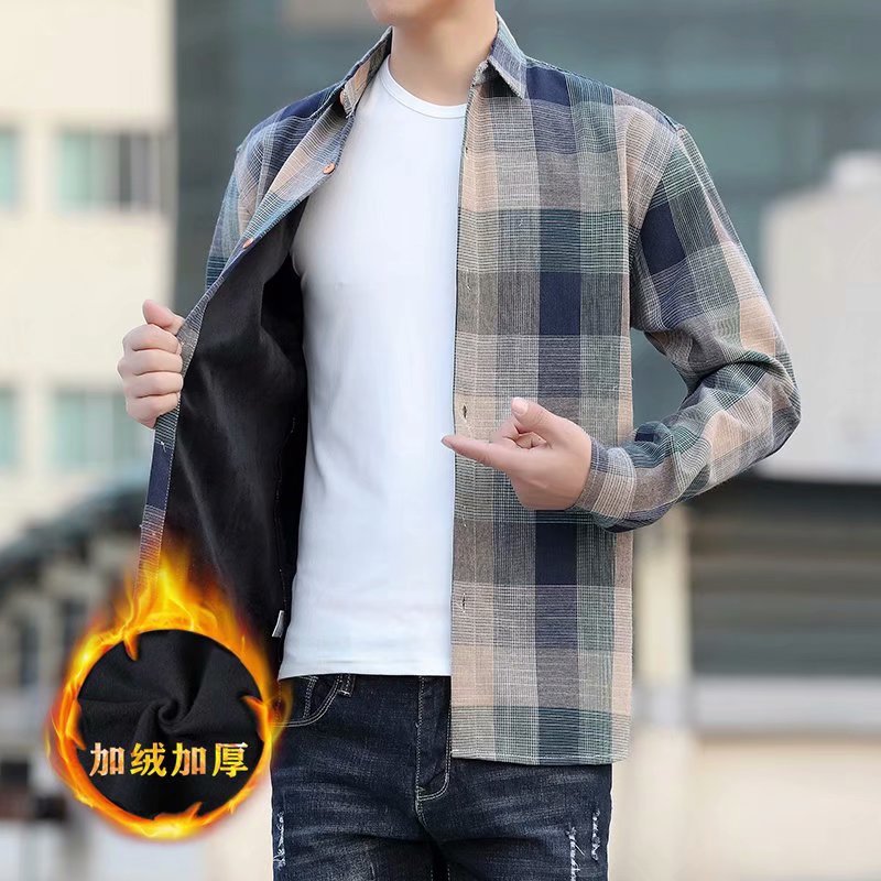 Winter Warm Shirt for Men, Fleece-Lined and Thickened, Youth Plaid Shirt, Korean Style Slim Fit Top, Trendy Brand Versatile Jacket