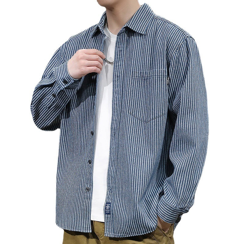 Men's Clothing 2025 New Striped Shirt Jacket Men's Long-Sleeved Casual Top Versatile Denim Shirt Men's Autumn and Winter Style
