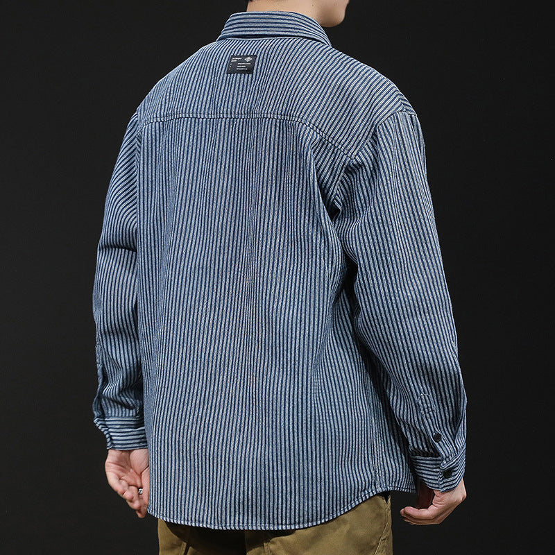 Men's Clothing 2025 New Striped Shirt Jacket Men's Long-Sleeved Casual Top Versatile Denim Shirt Men's Autumn and Winter Style