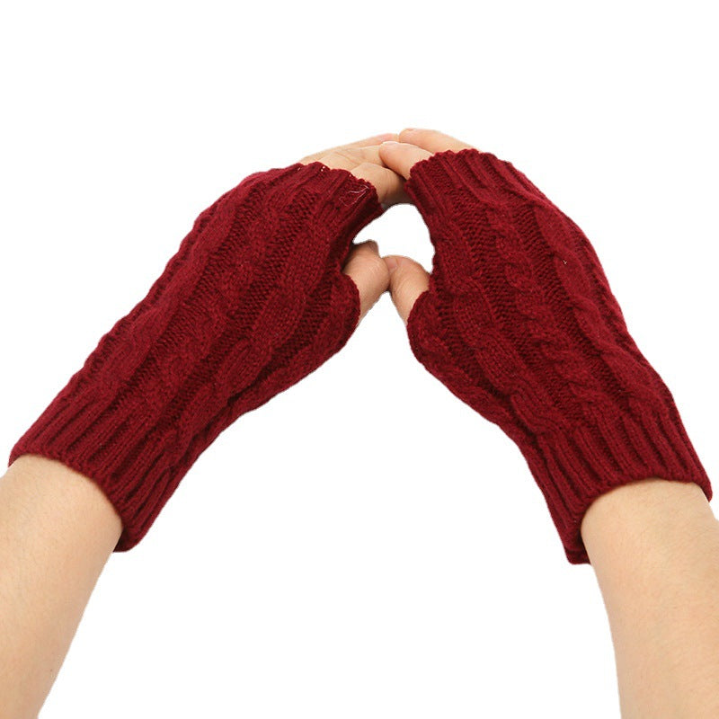 Knitted gloves for men and women winter warm half-finger open-finger gloves short wool solid color acrylic cross-border gloves