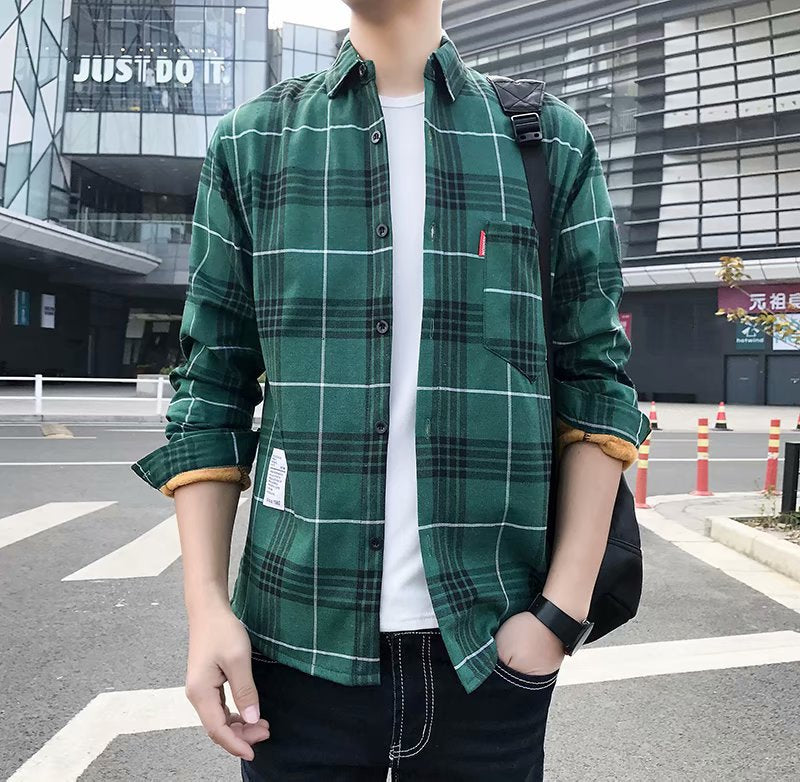 Winter Warm Shirt for Men, Fleece-Lined and Thickened, Youth Plaid Shirt, Korean Style Slim Fit Top, Trendy Brand Versatile Jacket