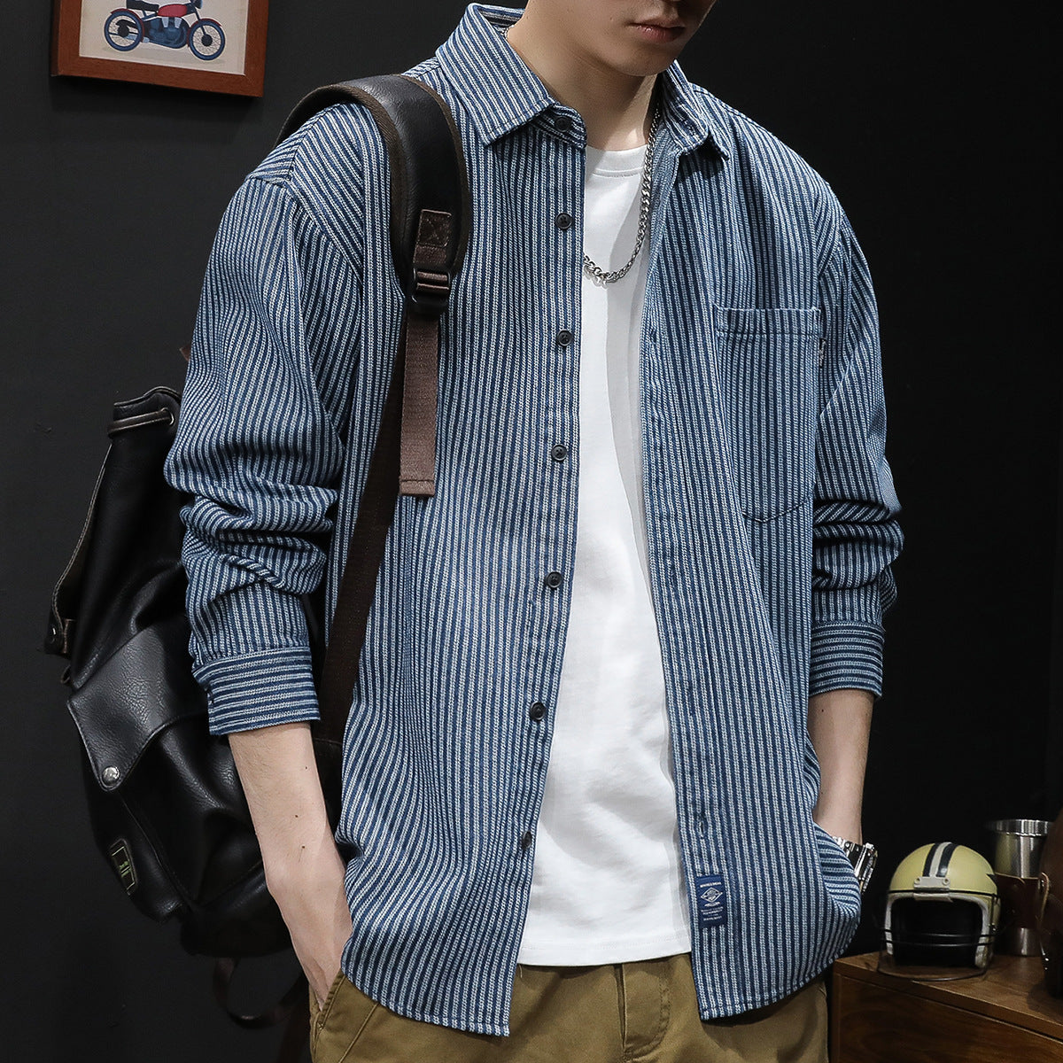 Men's Clothing 2025 New Striped Shirt Jacket Men's Long-Sleeved Casual Top Versatile Denim Shirt Men's Autumn and Winter Style