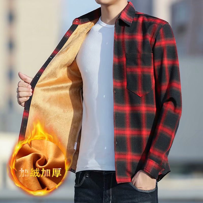 Winter Warm Shirt for Men, Fleece-Lined and Thickened, Youth Plaid Shirt, Korean Style Slim Fit Top, Trendy Brand Versatile Jacket