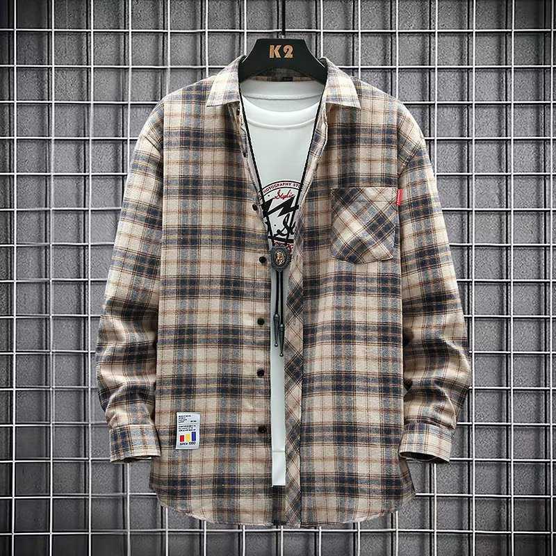 Jacket Shirt Men's Autumn Plaid Loose Trendy Brand Long-sleeved Shirt Casual Non-ironing Autumn and Winter Clothes Men's New Arrival