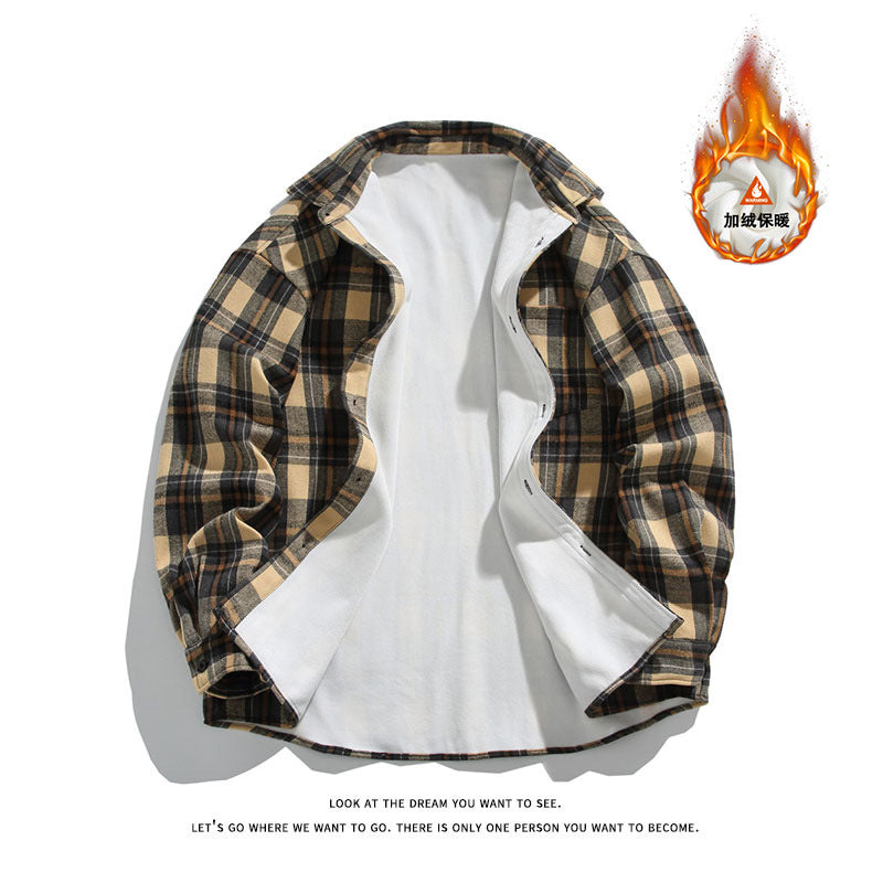 2024 Foreign Trade Autumn and Winter fleece-lined Thickened European and American Vintage Men's Plaid plus size Lapel Long Sleeve Shirt Jacket for Men