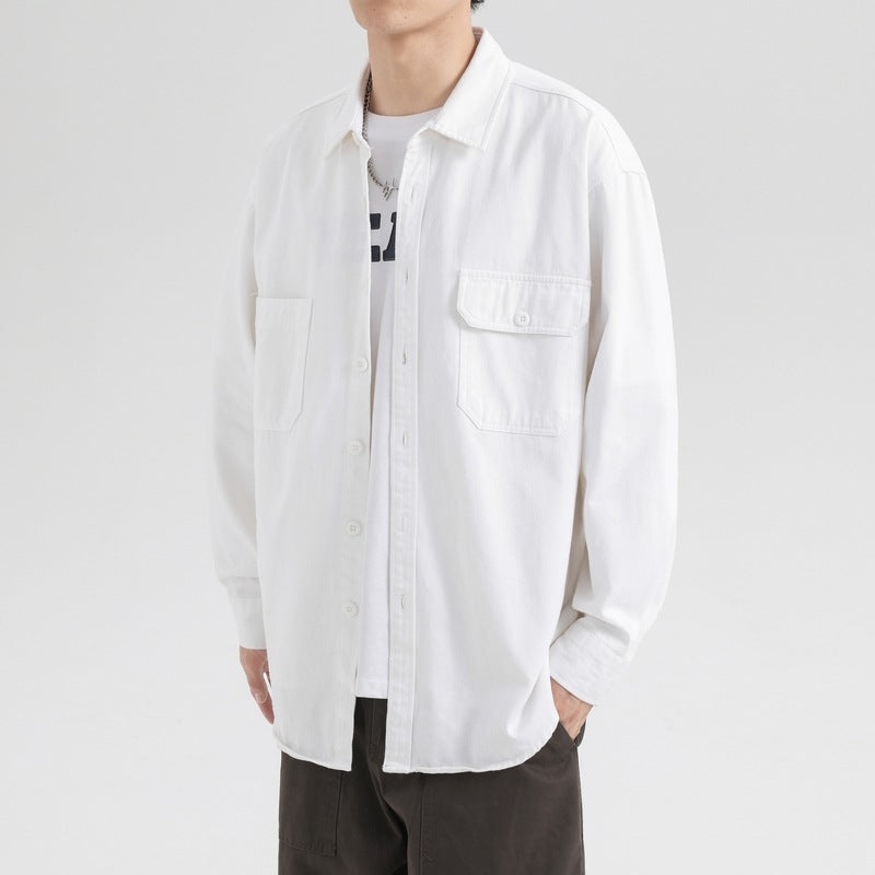 Foreign trade Japanese autumn and winter New pure cotton washed solid color loose casual tooling long sleeve lapel men's shirt jacket