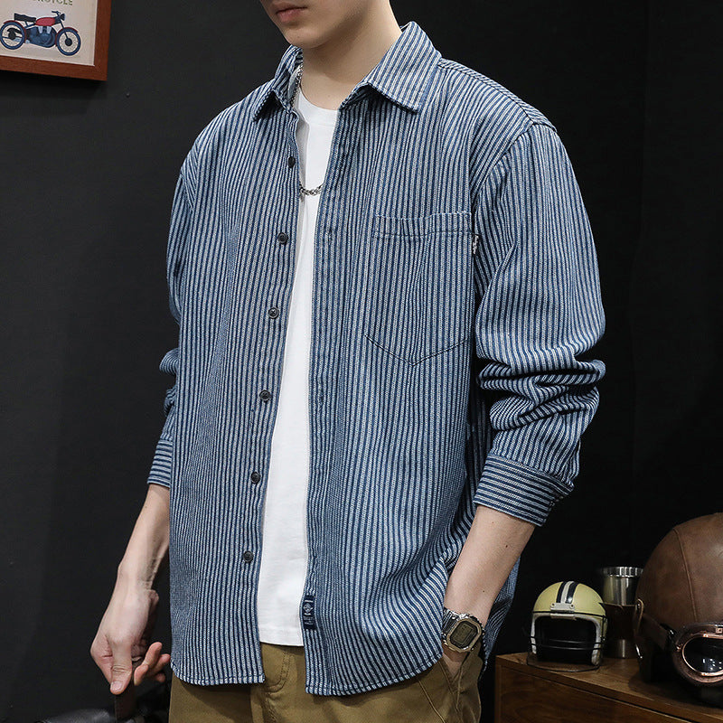 Men's Clothing 2025 New Striped Shirt Jacket Men's Long-Sleeved Casual Top Versatile Denim Shirt Men's Autumn and Winter Style