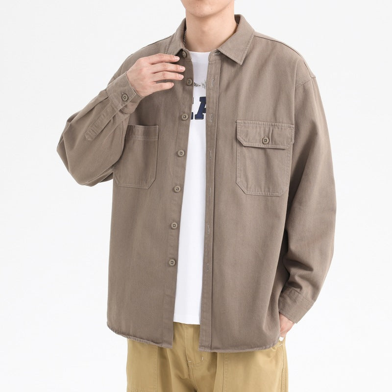 Foreign trade Japanese autumn and winter New pure cotton washed solid color loose casual tooling long sleeve lapel men's shirt jacket