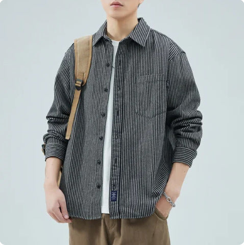 Men's Clothing 2025 New Striped Shirt Jacket Men's Long-Sleeved Casual Top Versatile Denim Shirt Men's Autumn and Winter Style