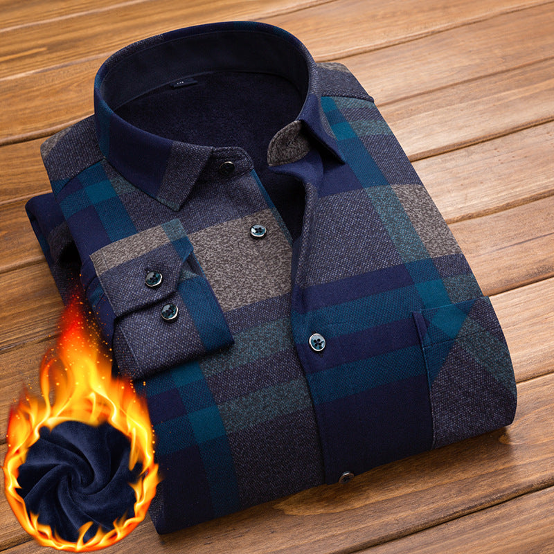 Winter New Men's fleece-lined Thickened Long Sleeve Shirt Fashion Casual Plaid Lapel Long Sleeve Shirt Men's Jacket