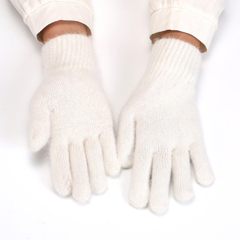 Cross-border knitted rabbit fur gloves female Korean fashion Winter thick five-finger warm gloves finger double-layer gloves