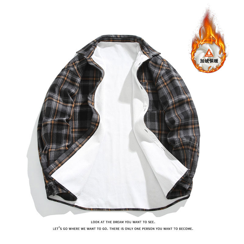 2024 Foreign Trade Autumn and Winter fleece-lined Thickened European and American Vintage Men's Plaid plus size Lapel Long Sleeve Shirt Jacket for Men