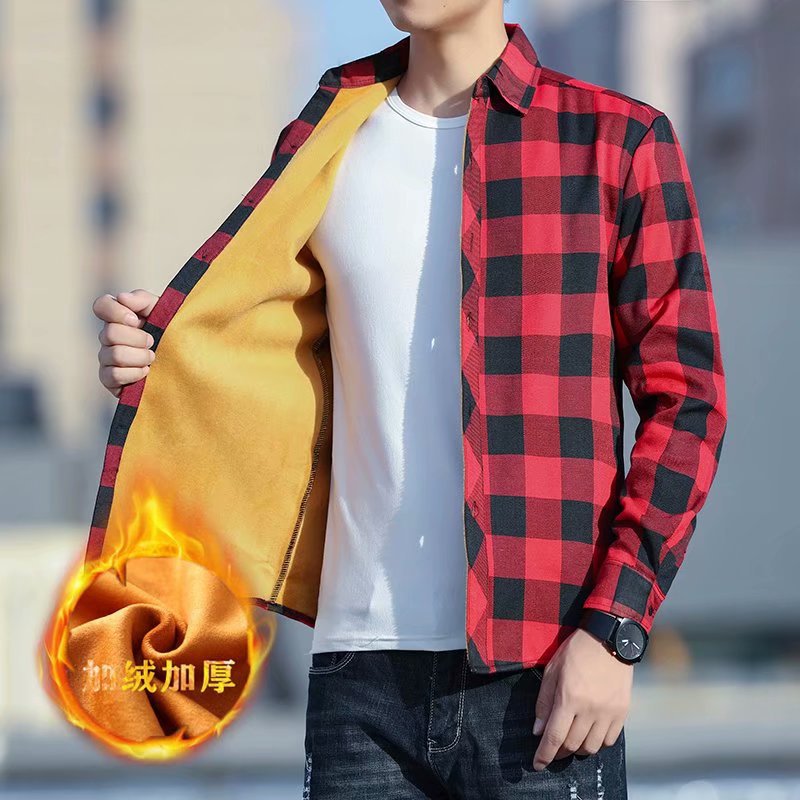 Winter Warm Shirt for Men, Fleece-Lined and Thickened, Youth Plaid Shirt, Korean Style Slim Fit Top, Trendy Brand Versatile Jacket