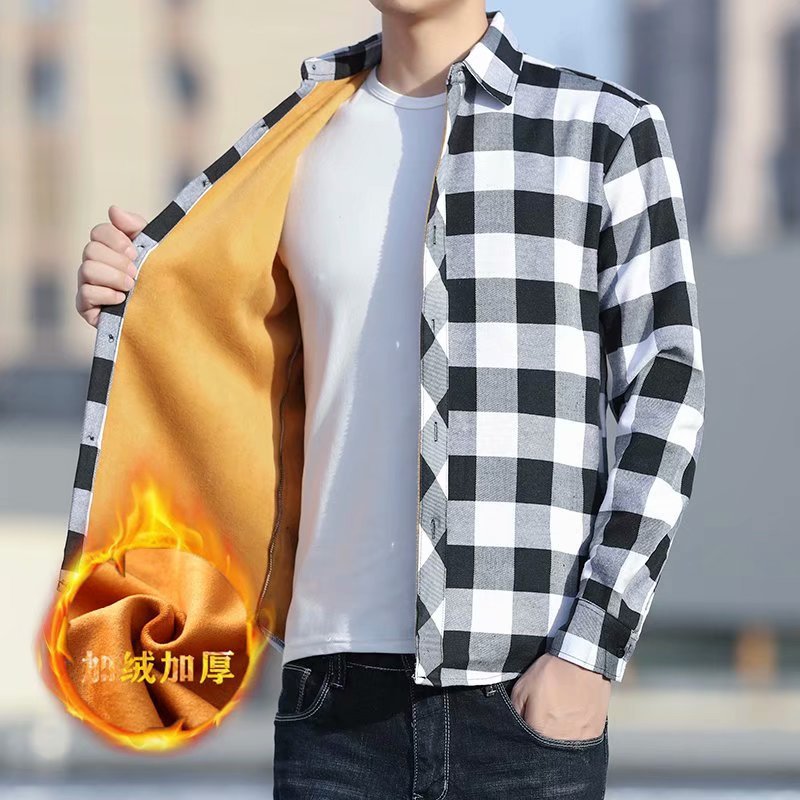 Winter Warm Shirt for Men, Fleece-Lined and Thickened, Youth Plaid Shirt, Korean Style Slim Fit Top, Trendy Brand Versatile Jacket