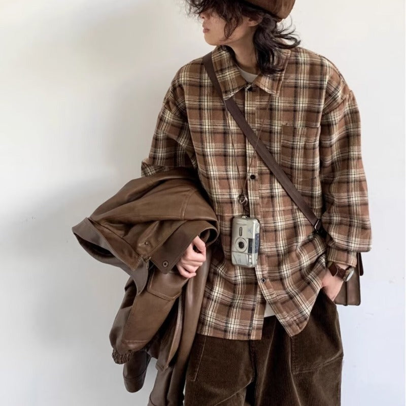 Autumn and Winter Cross-border Japanese Retro Long-sleeved Shirt Thickened Casual Couples All-match Warm Plaid Shirt Jacket