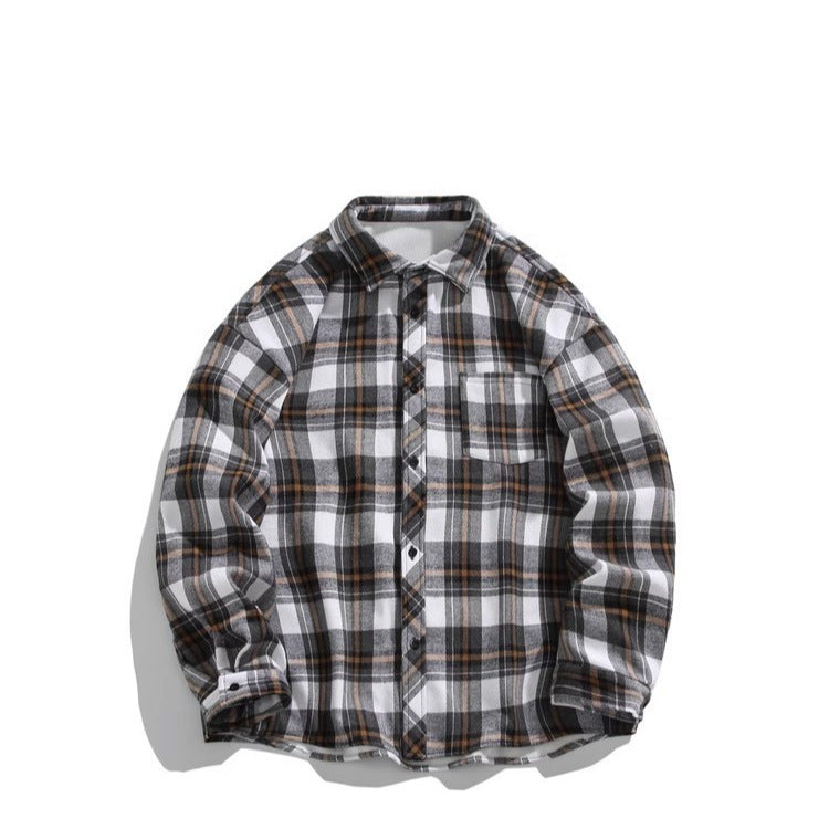 2024 Foreign Trade Autumn and Winter fleece-lined Thickened European and American Vintage Men's Plaid plus size Lapel Long Sleeve Shirt Jacket for Men