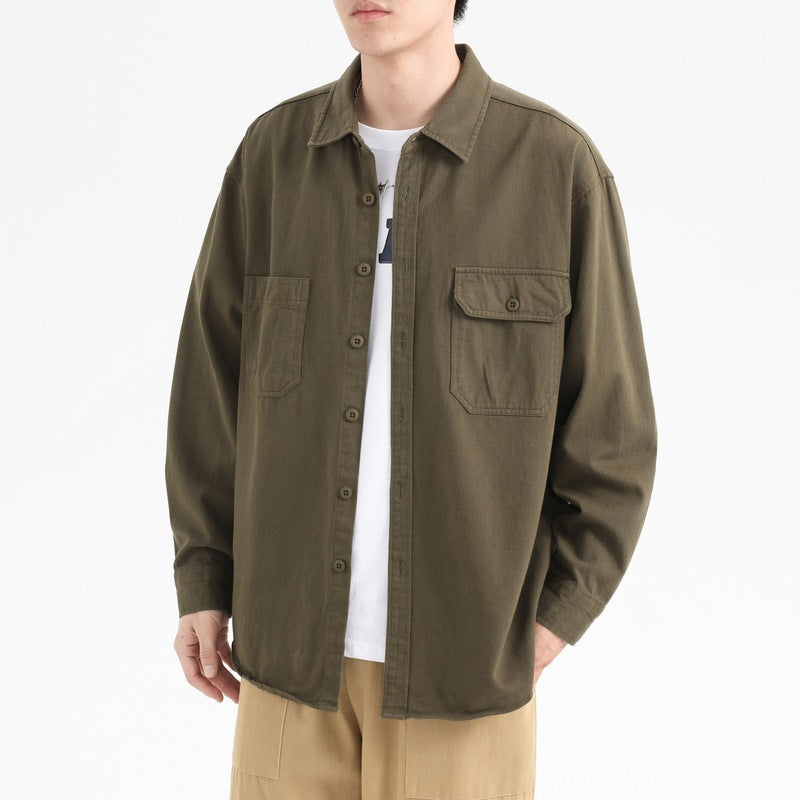 Foreign trade Japanese autumn and winter New pure cotton washed solid color loose casual tooling long sleeve lapel men's shirt jacket