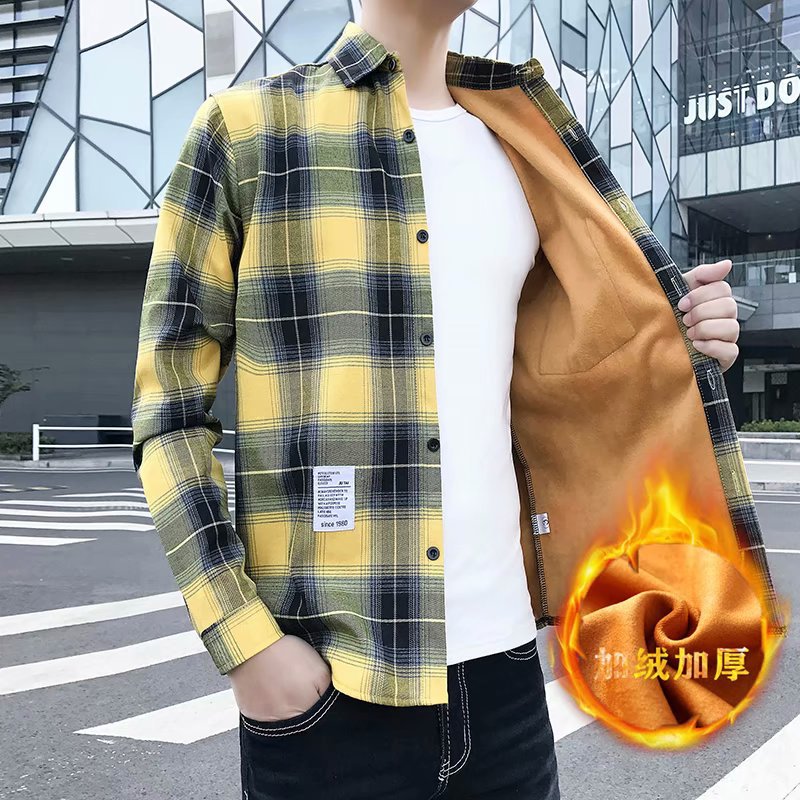 Autumn and Winter Plaid Shirt for Men, Fleece-Lined, Warm and Thickened, Korean-Style Slim-Fit Shirt, Trendy and Stylish Jacket