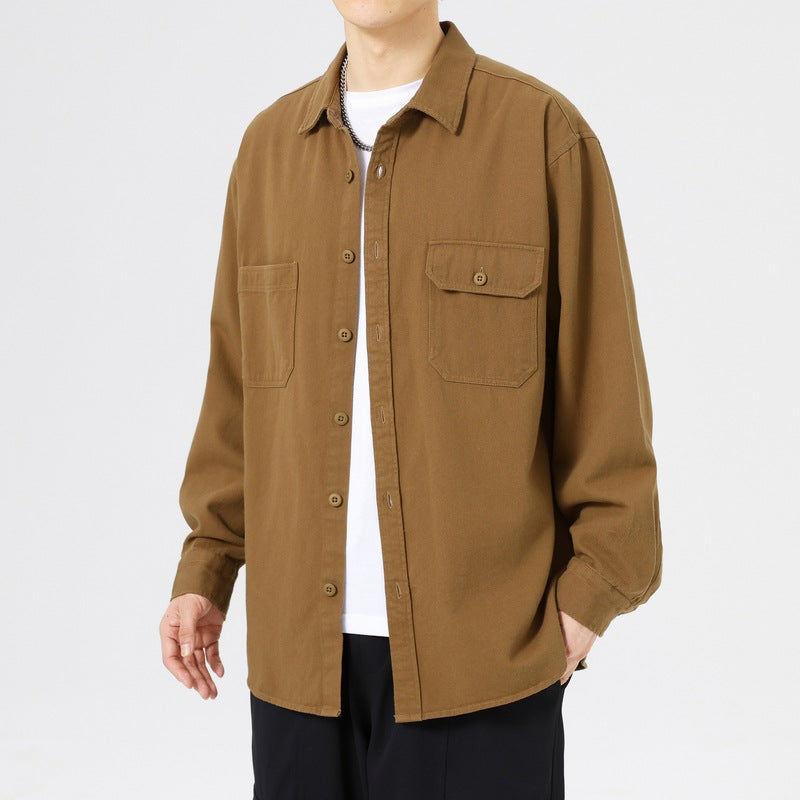 Foreign trade Japanese autumn and winter New pure cotton washed solid color loose casual tooling long sleeve lapel men's shirt jacket