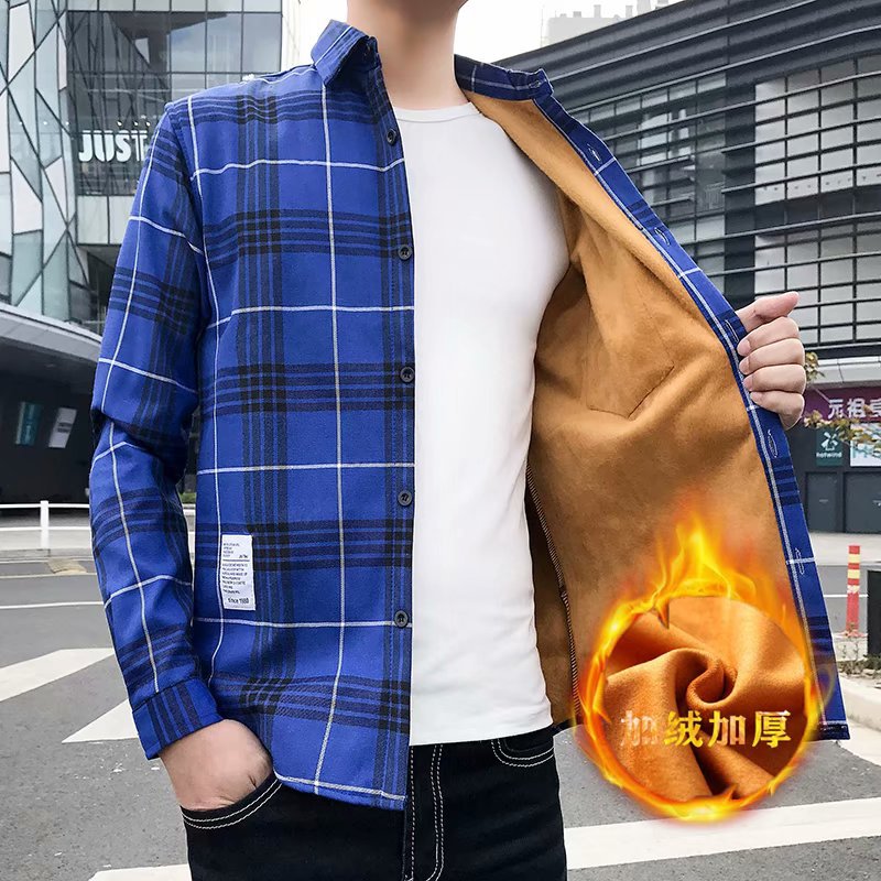 Winter Warm Shirt for Men, Fleece-Lined and Thickened, Youth Plaid Shirt, Korean Style Slim Fit Top, Trendy Brand Versatile Jacket