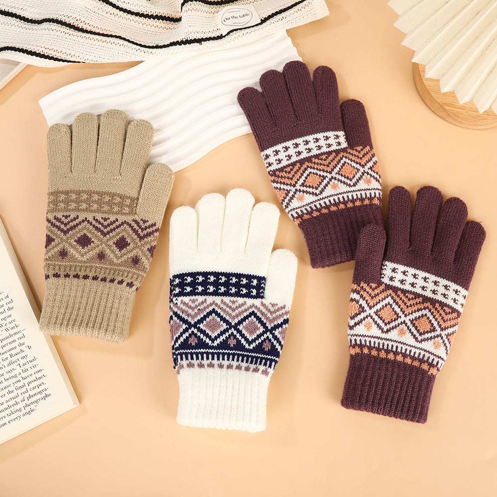 Five-Finger Jacquard Gloves Jacquard Touch Screen Unisex Five-Finger Cycling Imitation Cashmere Thickened Winter Warm Gloves