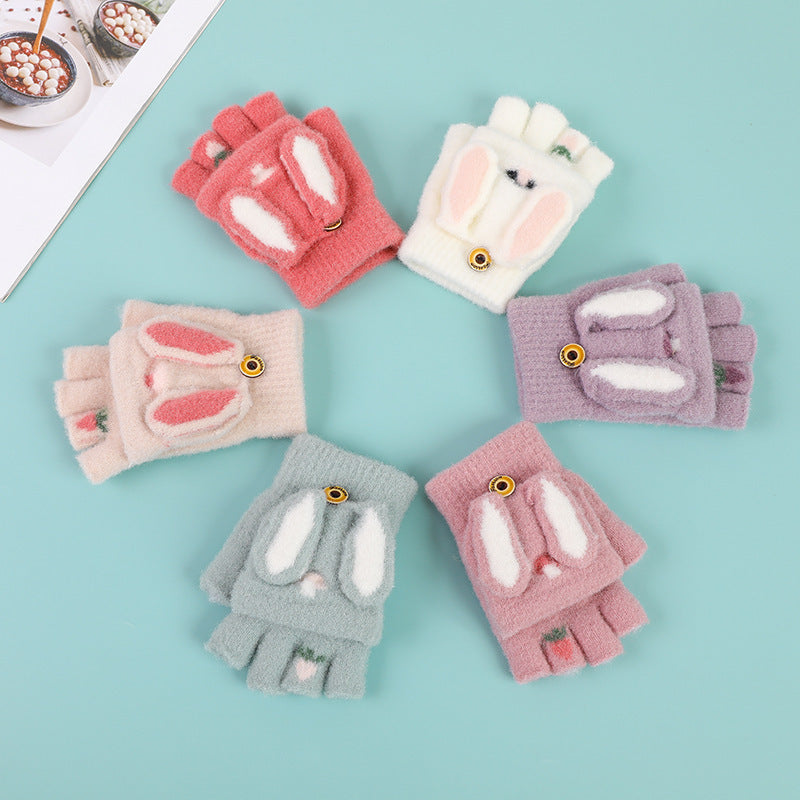 Gloves Autumn and Winter Popular Rabbit Flip Fashion Warm Writing Gloves for Men and Women Middle School Students Wholesale Factory Knitted Dual-Use