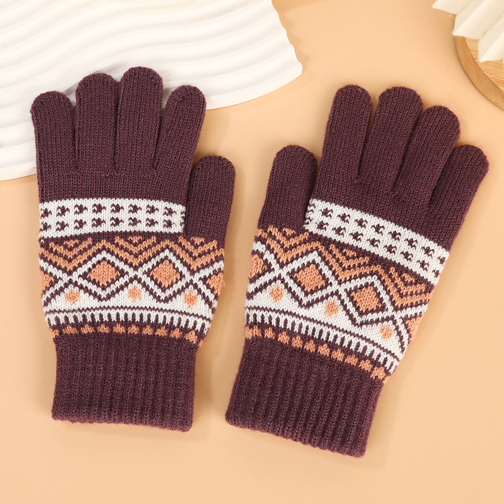 Five-Finger Jacquard Gloves Jacquard Touch Screen Unisex Five-Finger Cycling Imitation Cashmere Thickened Winter Warm Gloves