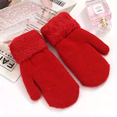 Rabbit fur gloves women's autumn and winter outdoor warm knitted gloves double-layer winter thickened fleece-lined finger solid color gloves