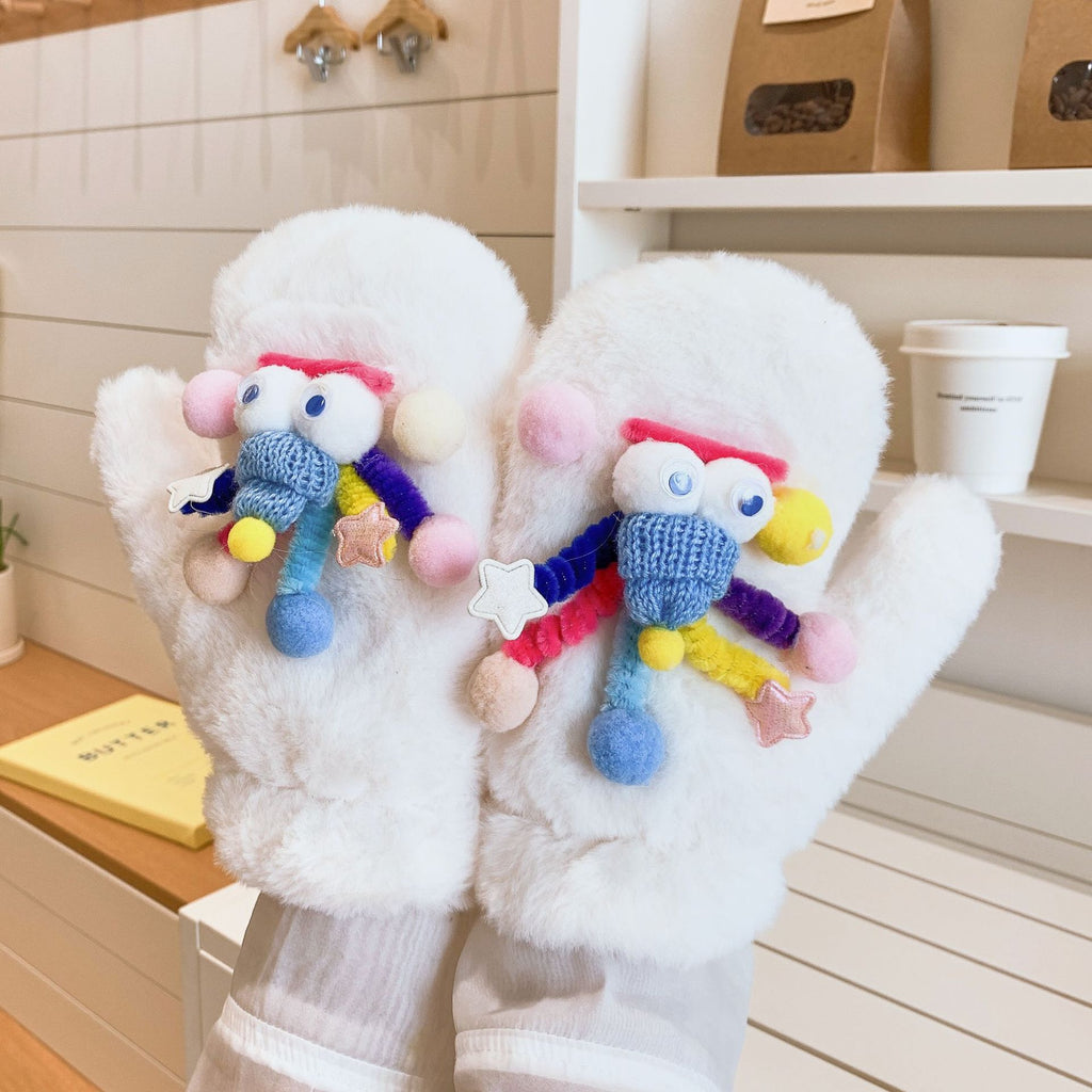 Cute and Funny Smurf Gloves for Women in Winter, Thickeneded with Velvet, Warm and Halter-Neck, Cycling and Cold-Proof for Student Couples