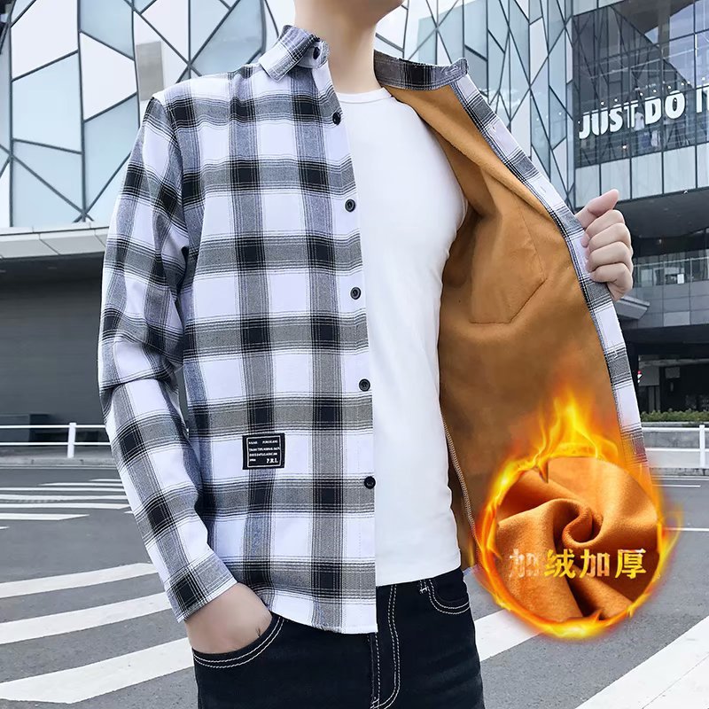 Winter Warm Shirt for Men, Fleece-Lined and Thickened, Youth Plaid Shirt, Korean Style Slim Fit Top, Trendy Brand Versatile Jacket
