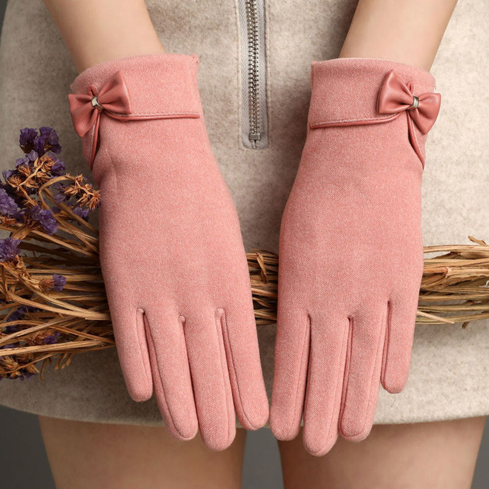 New Cross-Border Hot-Selling Fashion Gloves Autumn and Winter Warm Imitation Velvet Gloves Women's Bow Gloves Ready for Sale