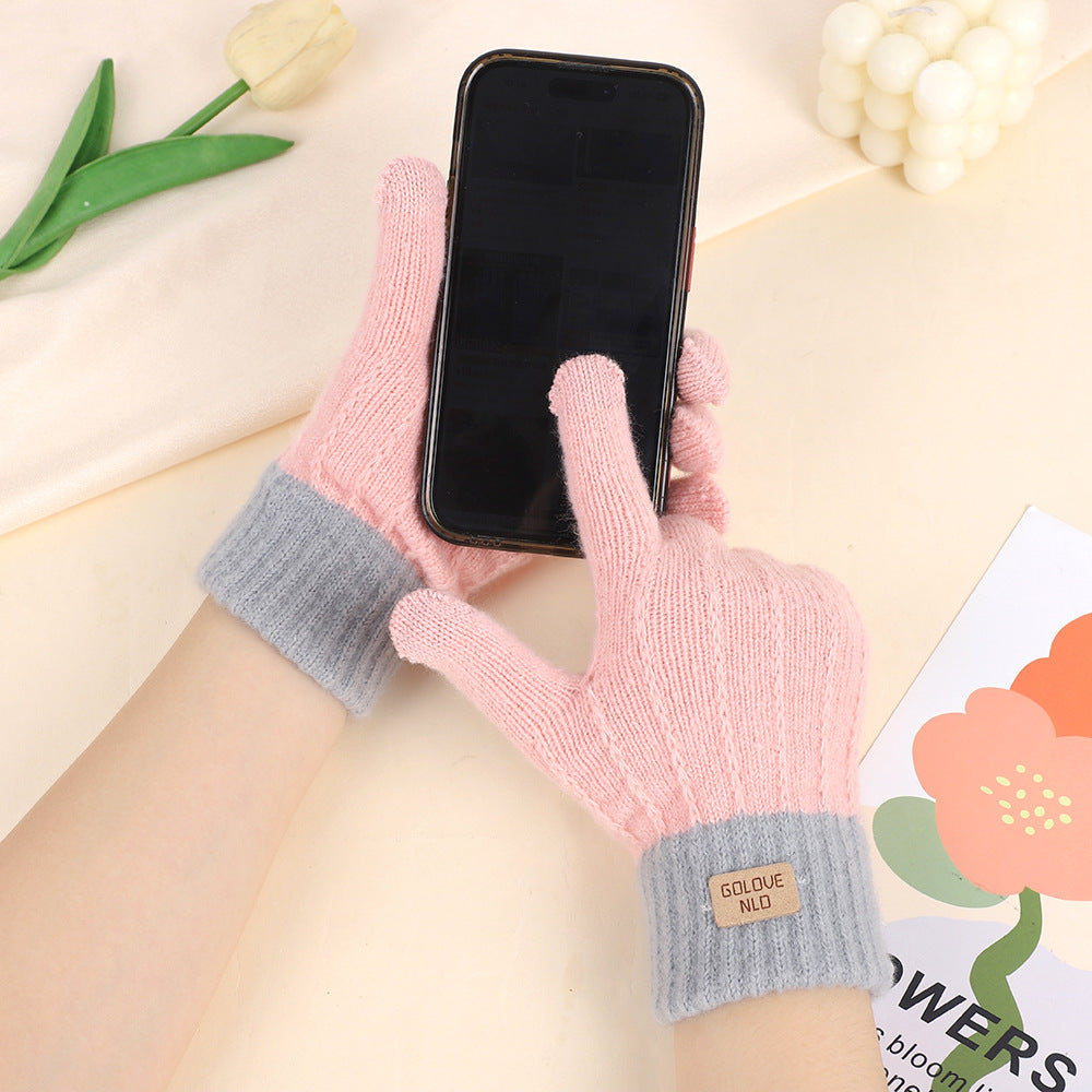 Two-Color Winter Touchscreen Warm Gloves for Women, Cold-Proof Jacquard Cycling Fleece-Lined Gloves, Student Knitted Gloves Wholesale
