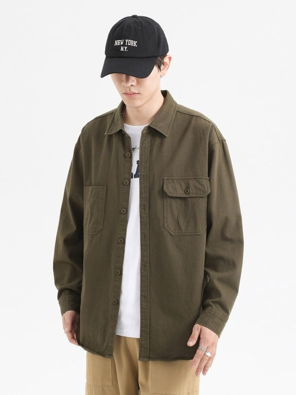 Foreign trade Japanese autumn and winter New pure cotton washed solid color loose casual tooling long sleeve lapel men's shirt jacket