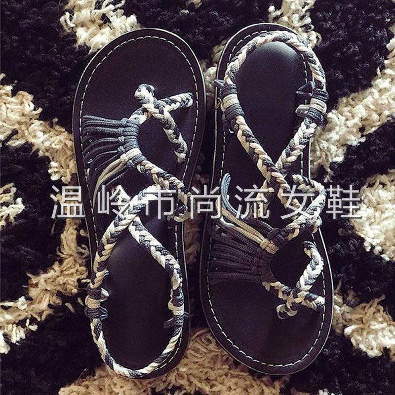 Wish Amazon 2025 Summer European and American Color Block Knot Beach Toe Foreign Trade Large Size Women's Sandals 43 Sizes