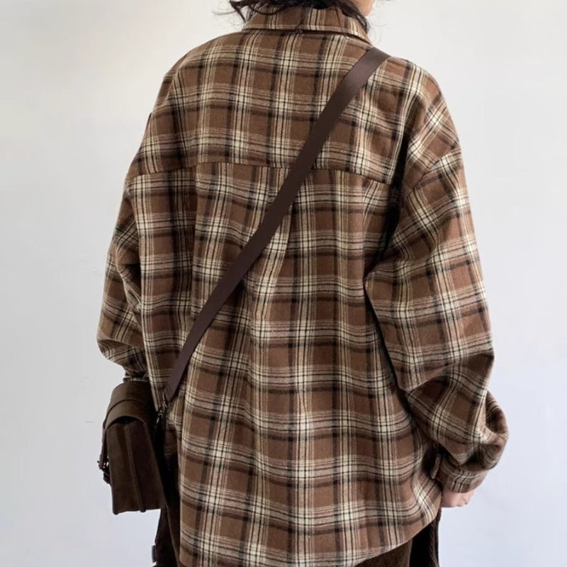 Autumn and Winter Cross-border Japanese Retro Long-sleeved Shirt Thickened Casual Couples All-match Warm Plaid Shirt Jacket
