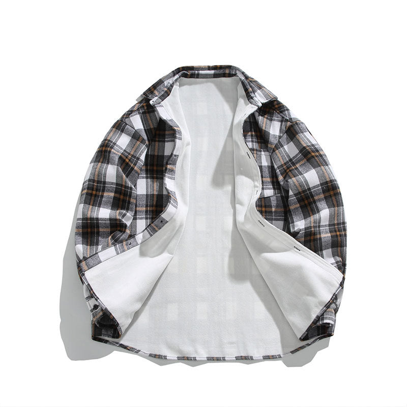 2024 Foreign Trade Autumn and Winter fleece-lined Thickened European and American Vintage Men's Plaid plus size Lapel Long Sleeve Shirt Jacket for Men