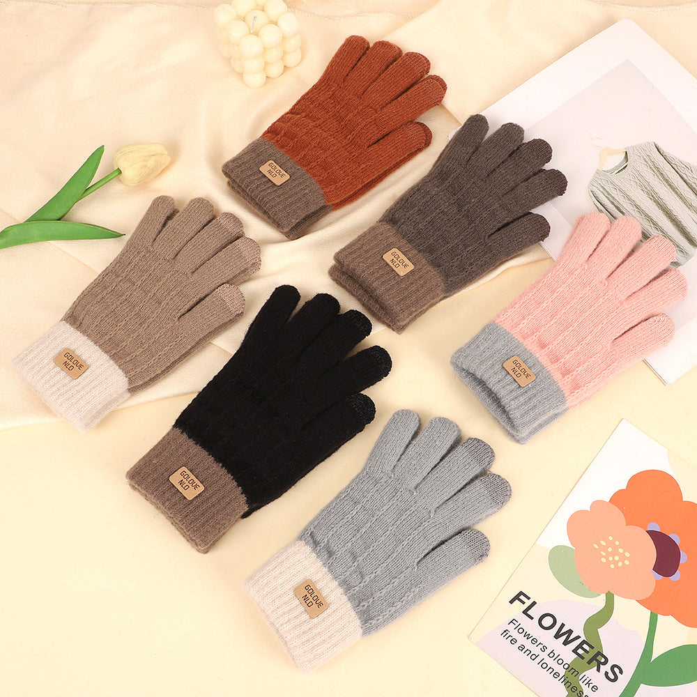 Two-Color Winter Touchscreen Warm Gloves for Women, Cold-Proof Jacquard Cycling Fleece-Lined Gloves, Student Knitted Gloves Wholesale