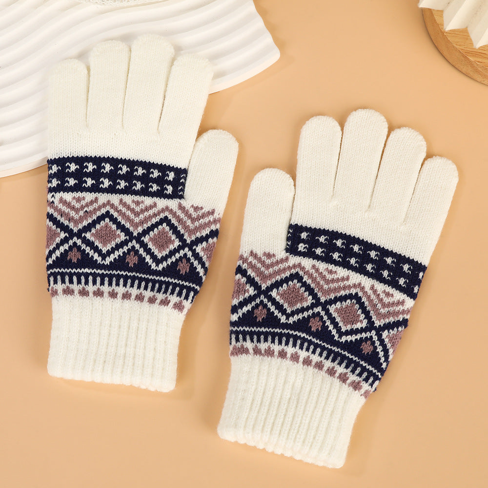 Five-Finger Jacquard Gloves Jacquard Touch Screen Unisex Five-Finger Cycling Imitation Cashmere Thickened Winter Warm Gloves