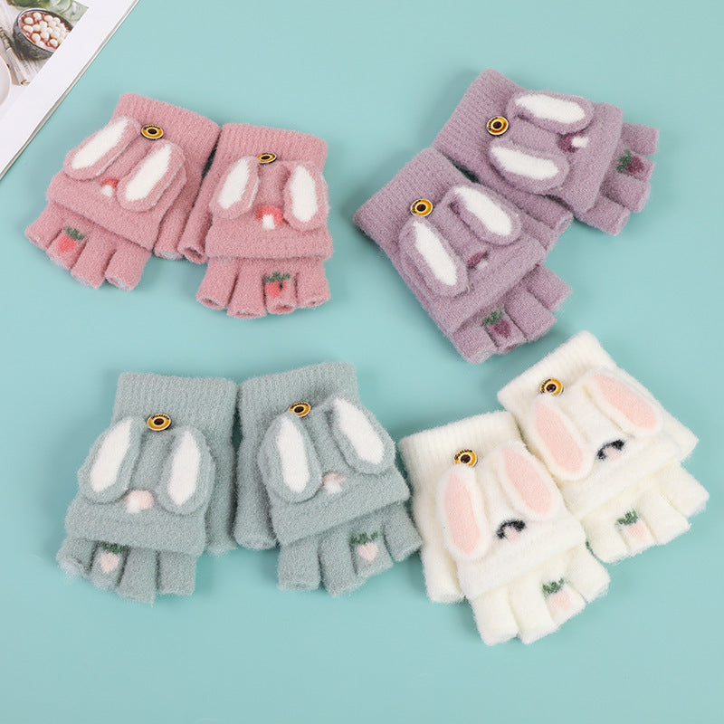 Gloves Autumn and Winter Popular Rabbit Flip Fashion Warm Writing Gloves for Men and Women Middle School Students Wholesale Factory Knitted Dual-Use