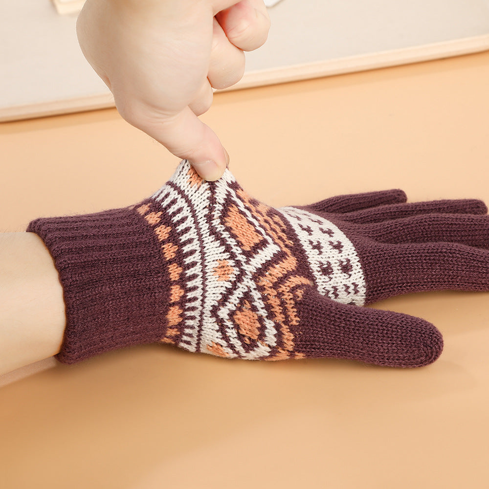 Five-Finger Jacquard Gloves Jacquard Touch Screen Unisex Five-Finger Cycling Imitation Cashmere Thickened Winter Warm Gloves
